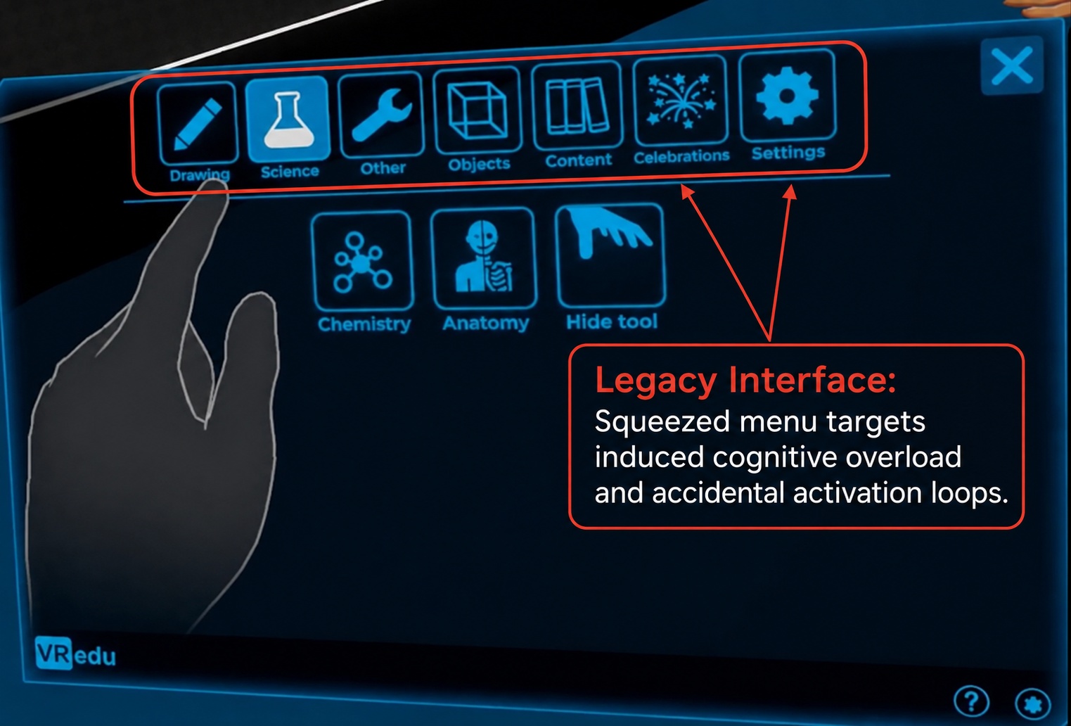 CurioXR legacy lobby interface with crowded controls