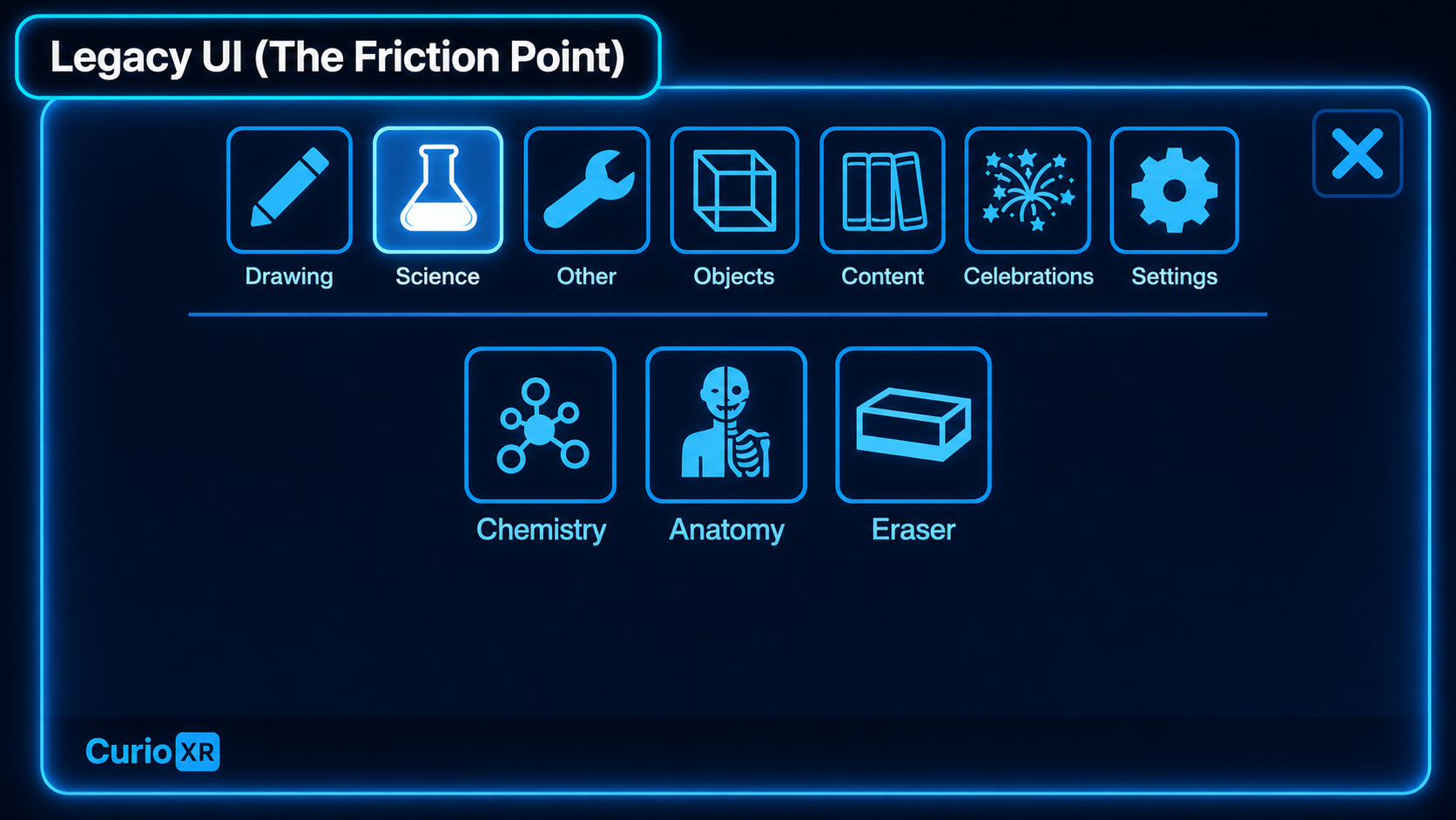 CurioXR legacy tablet UI at the friction point