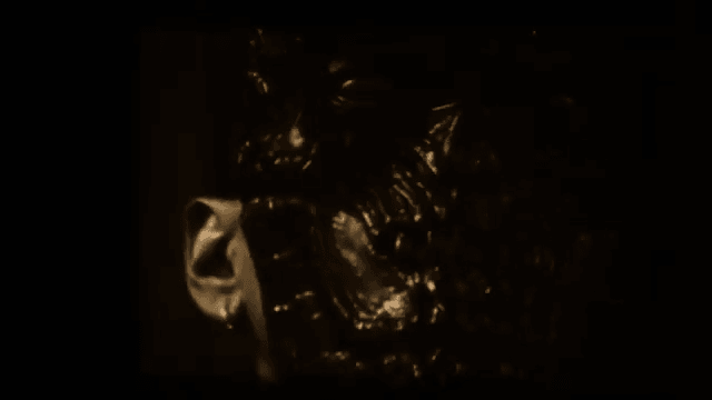 A dark 16mm frame of the glistening mask barely visible in shadow