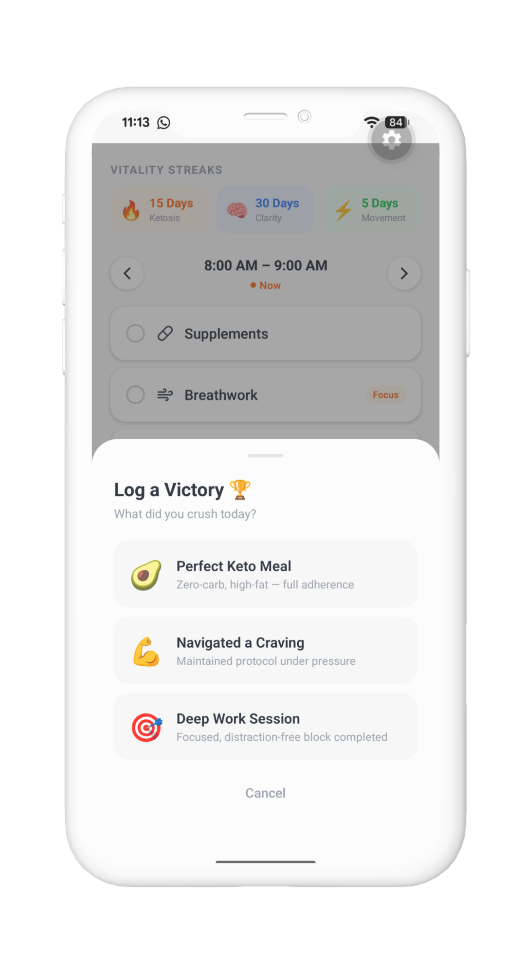 The Log a Victory modal celebrating a behavioral win