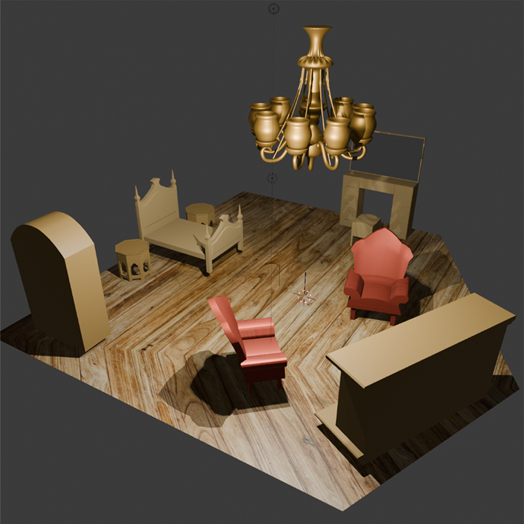 Blender scene of a bedroom set: carved bed, chandelier, armchairs, wardrobe, dressing table, and wooden floor
