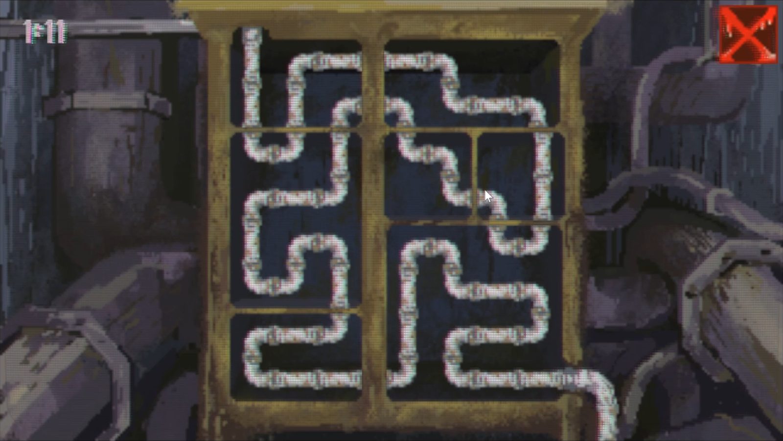 Pipe-routing puzzle with pixelated pipes in a brass-framed grid and a countdown timer