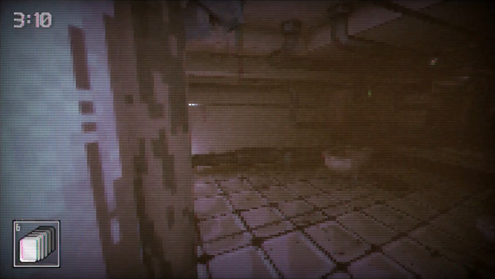 In-game view of a dim bathroom with a tiled floor