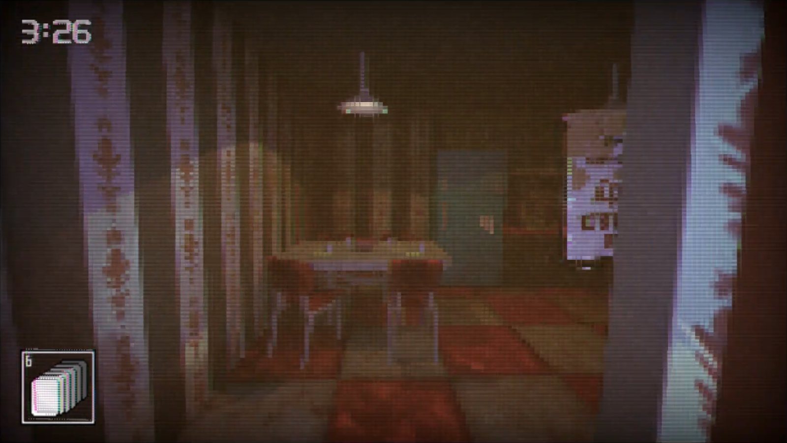 In-game view down a wallpapered hallway into a dining room with a hanging lamp, chairs, and a checkered floor
