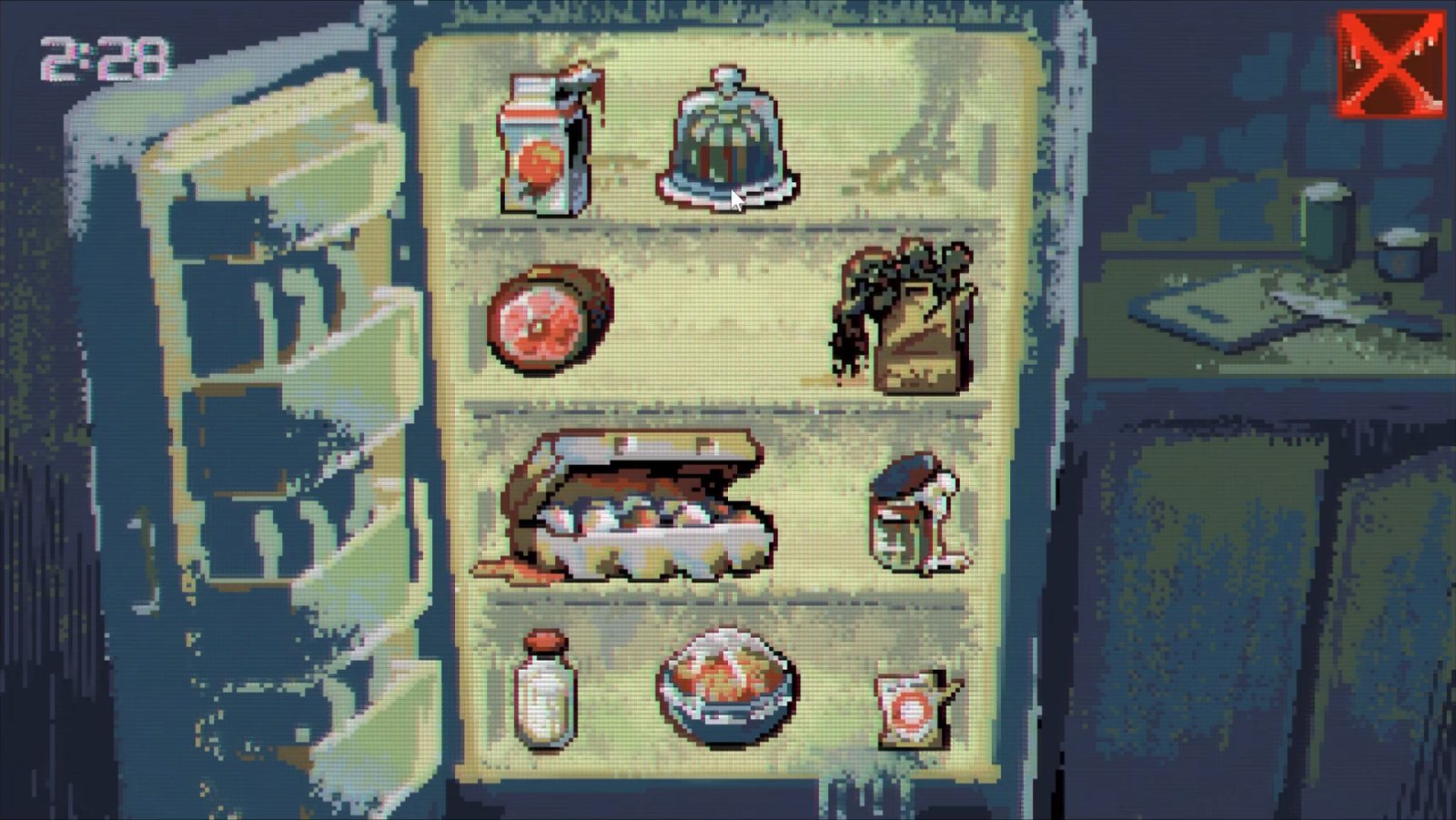 Refrigerator puzzle screen with food items on illustrated shelves