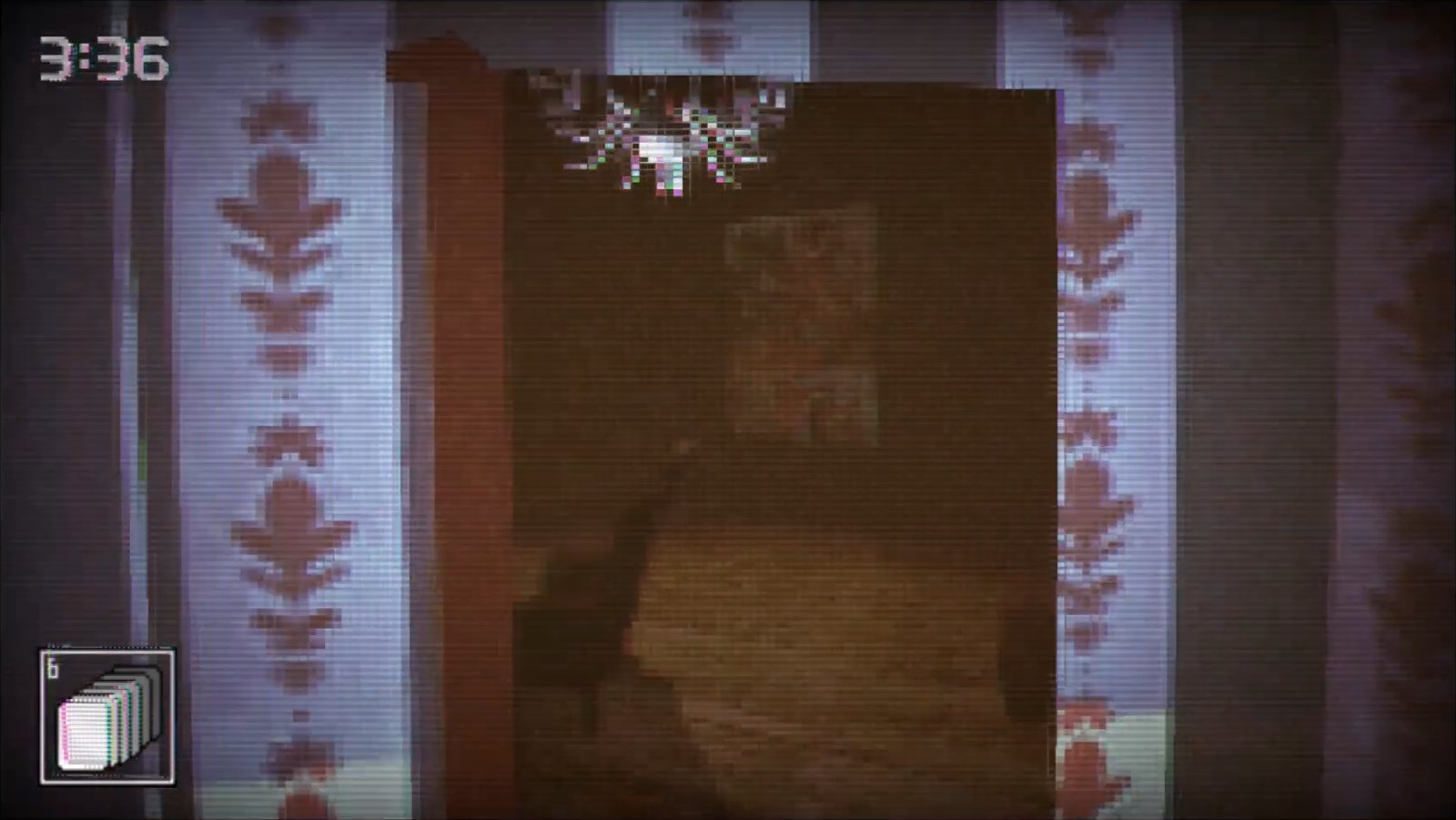 In-game view of a doorway framed by patterned wallpaper, with a chandelier overhead