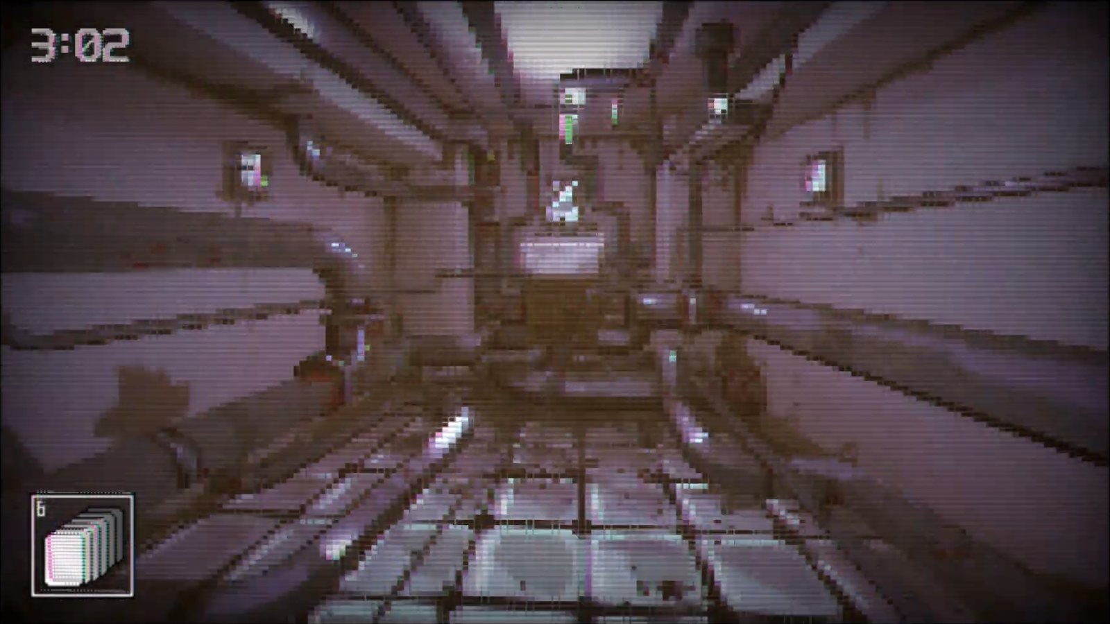 In-game view of a tiled basement corridor lined with pipes
