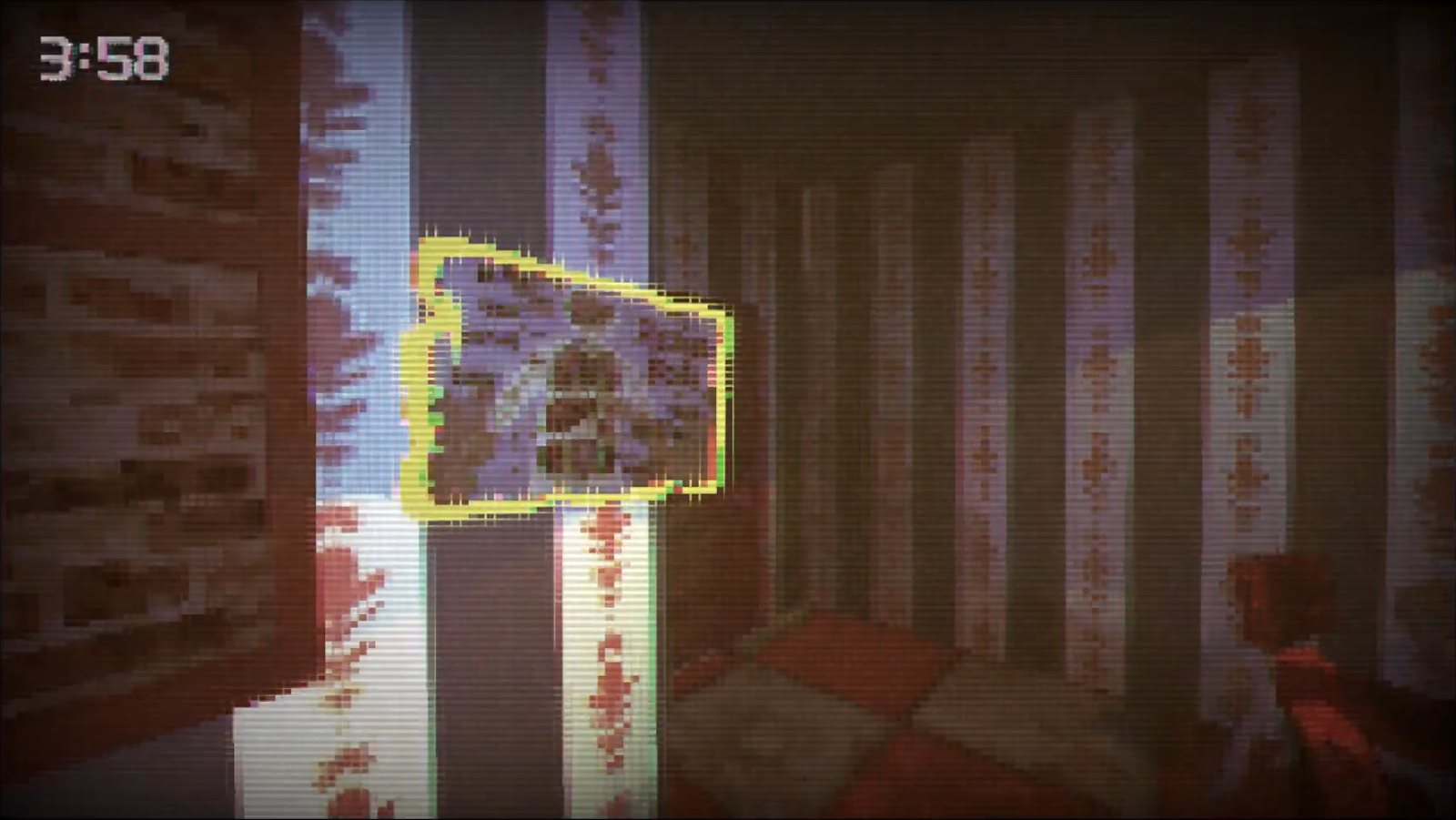 In-game view of a striped-wallpaper hallway with a highlighted interactive object