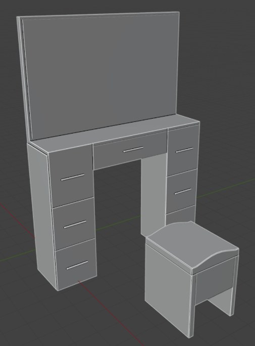 Blender model of a dressing table with mirror, drawers, and stool